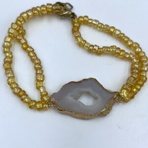 VTG Yellow Seed Beads Wrap Bracelet Agate Slice Center Gold Tone Double Strand